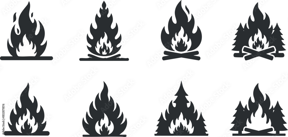 Obraz premium Collection of minimalist black vector illustrations depicting various flame and campfire designs for outdoor and camping themes