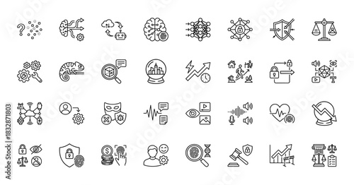 Artificial intelligence and security line icon set. Vector pictograms of neural network, brain, robot, biometrics, ethics, shield and data analysis, thin linear style.