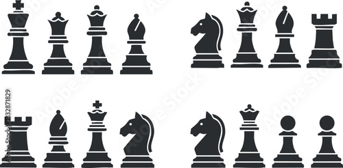 Monochrome vector illustration of chess pieces set including king, queen, rooks, knights, bishops, and pawns for game design or educational materials