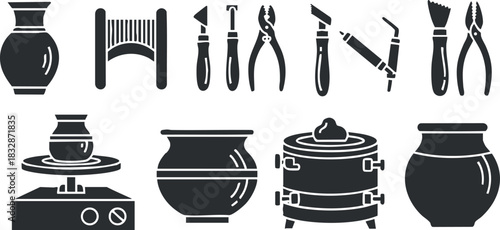 Silhouette vector icon set showing pottery tools and equipment for ceramics crafting and artistic projects