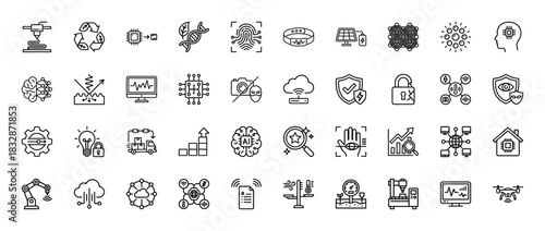 Technology and innovation line icon set. Vector pictograms of 3d printing, artificial intelligence, biotechnology, and data security, thin linear illustration.