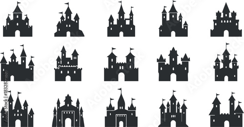 Collection of silhouette vector illustrations featuring various castle designs for children's themes and fantasy projects