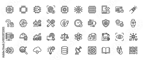 Technology and innovation line icon set. Vector pictograms of microchip, artificial intelligence, data storage, and smart devices, thin linear illustration.