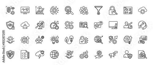 Technology and data line icon set. Vector pictograms of security, analysis, cloud computing, and artificial intelligence concepts, thin linear illustration.