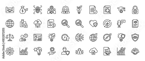 Business and technology line icon set. Vector pictograms of finance, security, innovation, and growth, thin linear illustration.