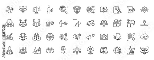 Artificial intelligence, law, and data privacy line icon set. Vector pictograms of brain, balance, shield, and cloud, thin linear illustration.