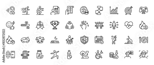 Health, wellness, and fitness line icon set. Vector pictograms of hearing, running, brain, heart rate, calendar, and diet, thin linear illustration.