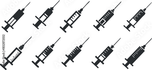 Set of minimalist black and white vector icons depicting various syringes for medical and healthcare design projects