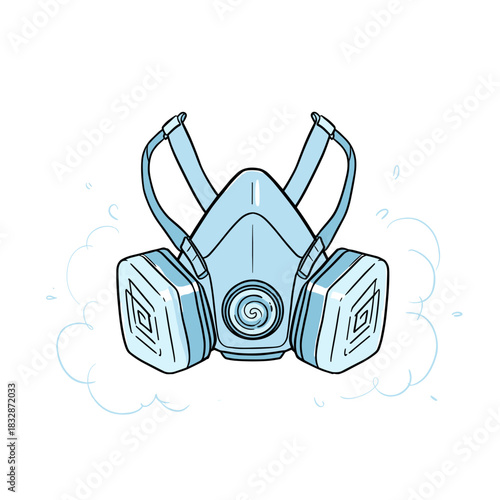Protective gas mask illustration in blue with swirling design  