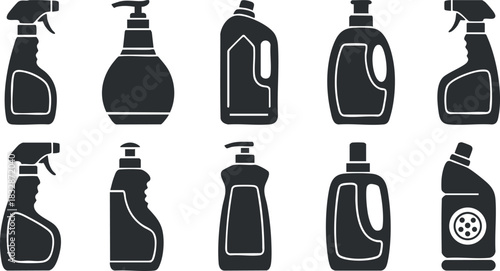 Silhouette vector icon set showing various cleaning product bottles for household and sanitation applications