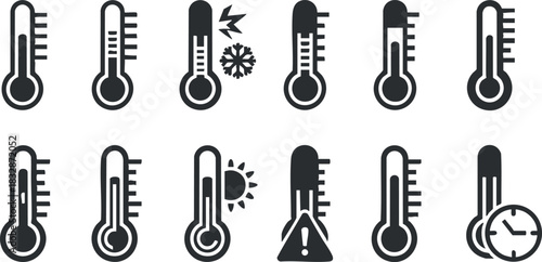 Collection of modern vector thermometers icons depicting various temperature conditions for weather applications and design projects