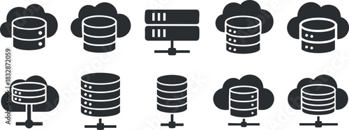 Set of modern vector icons representing cloud storage and database systems for technology and IT projects