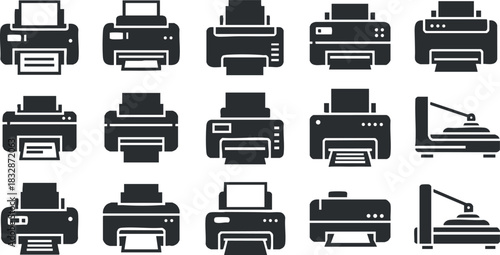 Collection of minimalist black and white vector icons representing various types of printers for office and technology themes