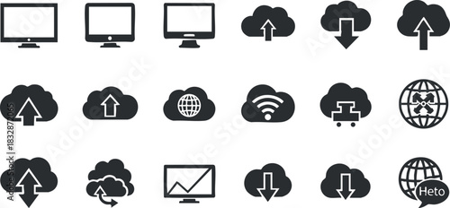 Modern flat design vector icon set featuring cloud storage, upload and download symbols for technology and web applications