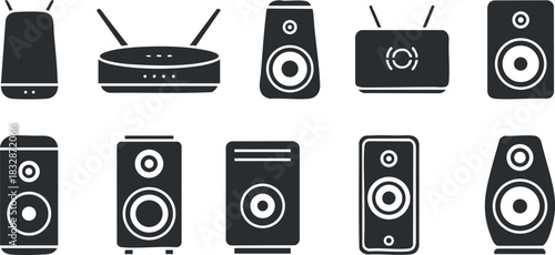 Stylish black and white vector icon set featuring various audio devices including speakers, routers, and sound systems for tech and design projects