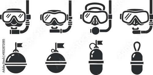 Silhouette vector icon set featuring scuba divers and diving equipment for water sports and marine activities