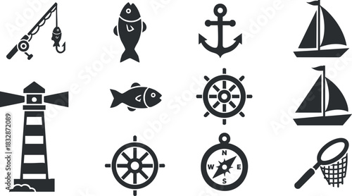 Collection of nautical-themed vector icons featuring fishing gear, sailboats, a lighthouse, and compass symbols for marine design projects