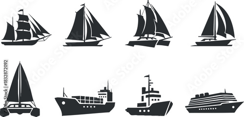 Silhouette vector icon set showcasing various types of ships, including sailboats, cargo vessels, and cruise ships for maritime themes