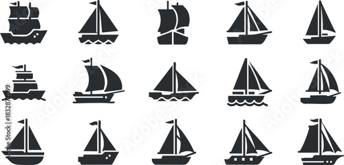 Collection of minimalist black sailboat vector icons for maritime and nautical design projects