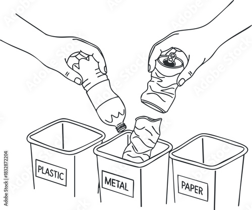 Line art vector illustration of hands sorting recyclable waste into plastic, metal, and paper bins for eco-friendly practices