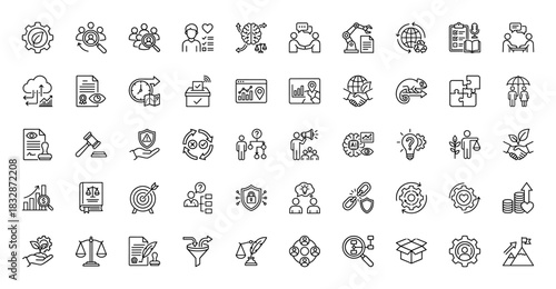 Business and corporate strategy line icon set. Vector pictograms of gear, people, analysis, contract, and law, thin linear illustration.