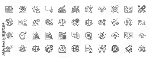 Business and technology line icon set. Vector pictograms of finance, analytics, ai, blockchain, and security, thin linear illustration.