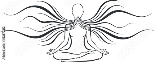 Minimalist line art illustration of a meditating figure with flowing energy, ideal for wellness and mindfulness themes