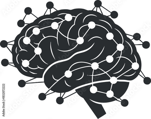 Stylized black and white vector illustration of a brain with interconnected nodes, symbolizing neuroscience and technology concepts for design projects.