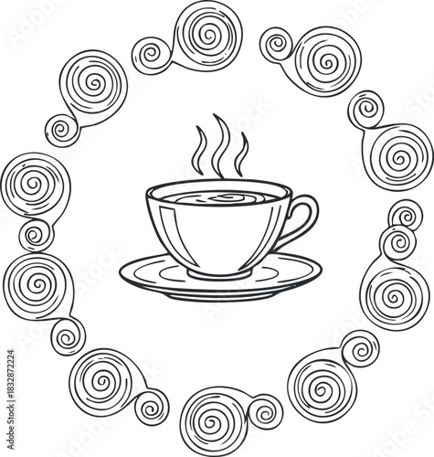 Outline vector illustration of a steaming cup surrounded by decorative swirls, perfect for cozy beverage themes and kitchen decor