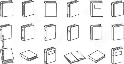 Outline vector icon set featuring various book designs for educational and literary projects.