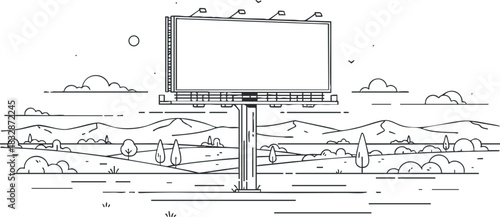 Outline vector illustration of a blank billboard in a rural landscape, suitable for advertising and marketing concepts.