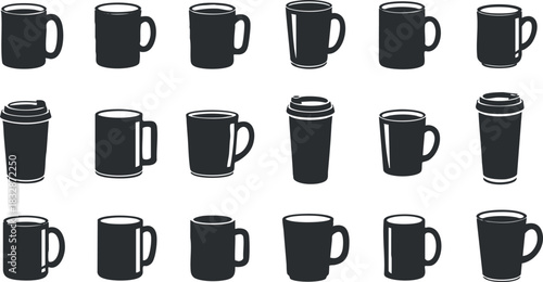 Collection of modern black silhouette vector icons featuring various coffee and tea mugs for branding and design use