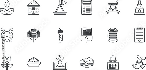 Outline vector icon set featuring various symbols such as houses, plants, and technology for design and branding projects