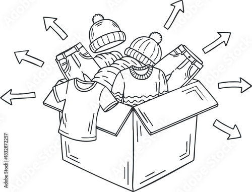 Outline vector illustration of a box overflowing with various clothing items, suitable for fashion and retail concepts