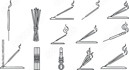 Outline vector icon set of incense sticks and holders for wellness, meditation, and aromatherapy concepts