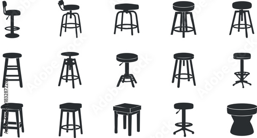 Collection of minimalist black vector illustrations of various stool designs for interior and furniture projects