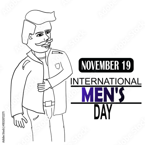 International Men's Day, November 19. Outline drawing of a man with a symbolic mustache and jacket, celebrating masculinity, equality, and health awareness.