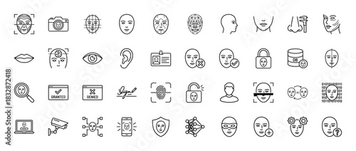 Biometric face recognition and security line icon set. Vector pictograms of camera, scanner, denied, granted, and fingerprint, thin linear illustration.