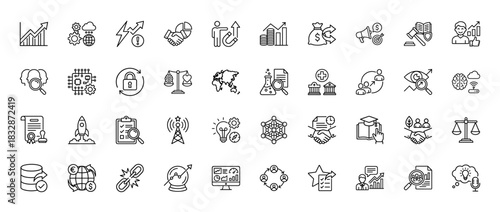 Business and finance line icon set. vector pictograms of growth, currency exchange, analytics, and partnership, thin linear illustration.