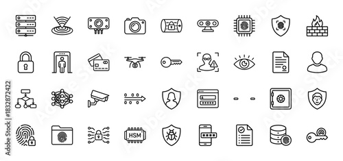 Cyber security line icon set. Vector pictograms of data server, wireless signal, firewall, camera, and access control, thin linear illustration.