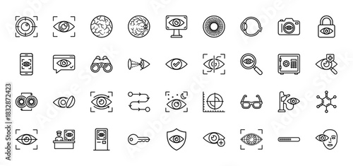 Ophthalmology and biometrics line icon set. Vector pictograms of eye anatomy, contact lens, glasses, retina scan, vision test, iris and focus, thin linear illustration.