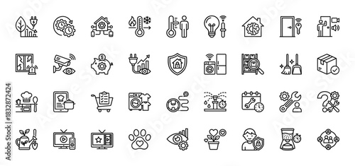 Smart home and automation line icon set. Vector pictograms of thermostat, security, appliance, and gardening, thin linear illustration.