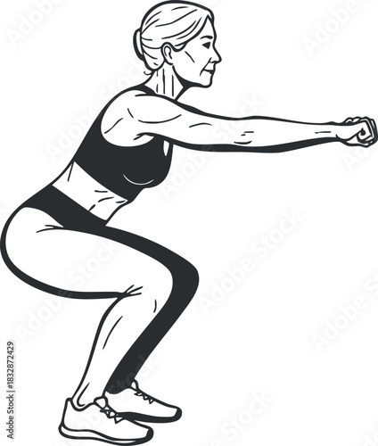 Vector illustration of a senior woman performing a squat exercise in a minimalist style for fitness and health concepts