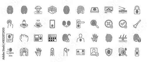 Security and biometric line icon set. Vector pictograms of fingerprint scanner, identification, access, and handprint, thin linear illustration.
