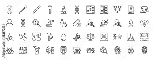 Genetics and forensics line icon set. Vector pictograms of dna, chromosome, microscope, test tube, and fingerprint, thin linear illustration.