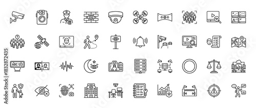 Security and surveillance line icon set. Vector pictograms of cctv camera, guard, face recognition, and tracking, thin linear illustration.