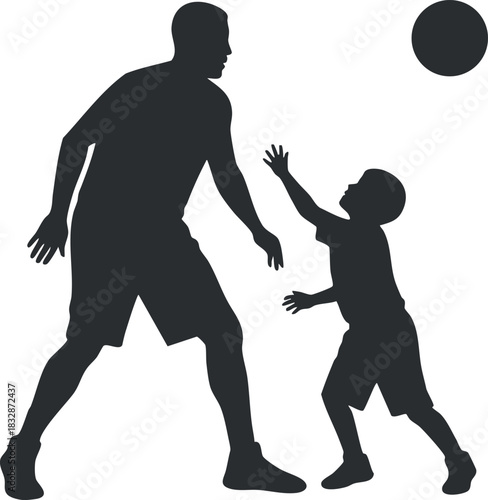 Silhouette vector illustration of a basketball player engaging with a child during a game, ideal for sports-related designs