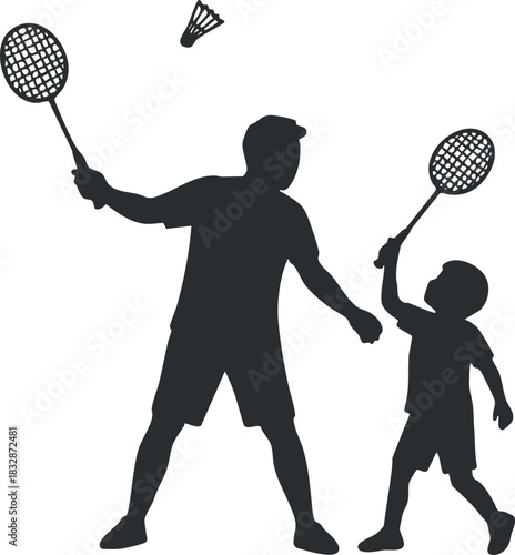 Silhouette vector illustration of a parent and child playing badminton together, ideal for sports and family activity concepts