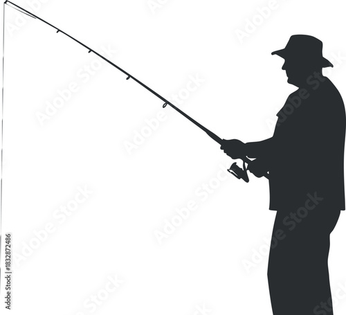 Silhouette vector illustration of a fisherman casting a line with a fishing rod, ideal for outdoor and hobby themes