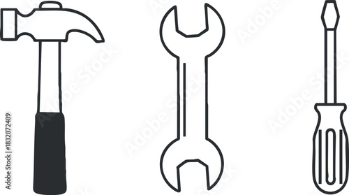Outline vector illustration of essential hand tools including a hammer, wrench, and screwdriver for repair and construction projects